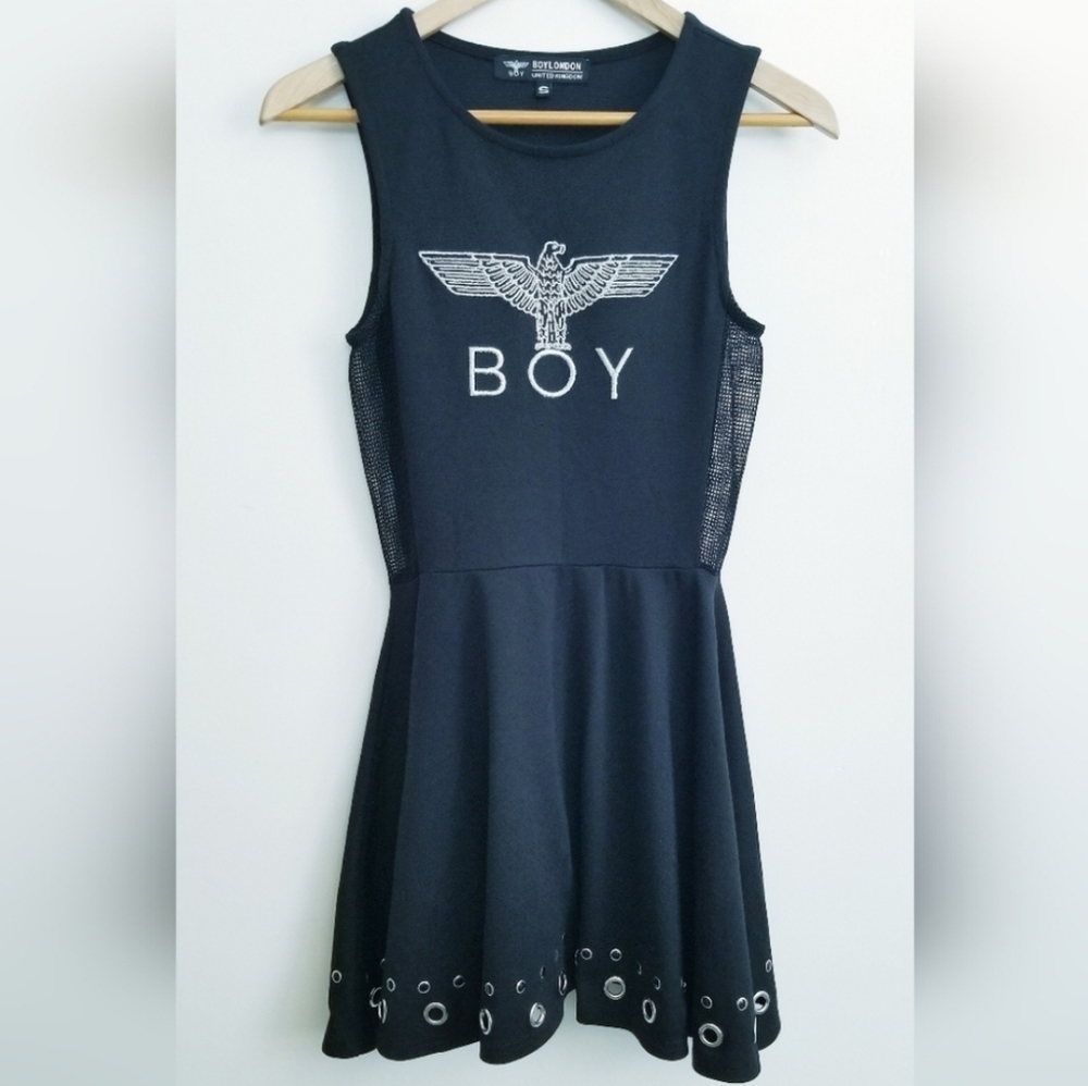 Boy London Dress Embroidered Black A-Line Sleeveless Studded Street Style Dress